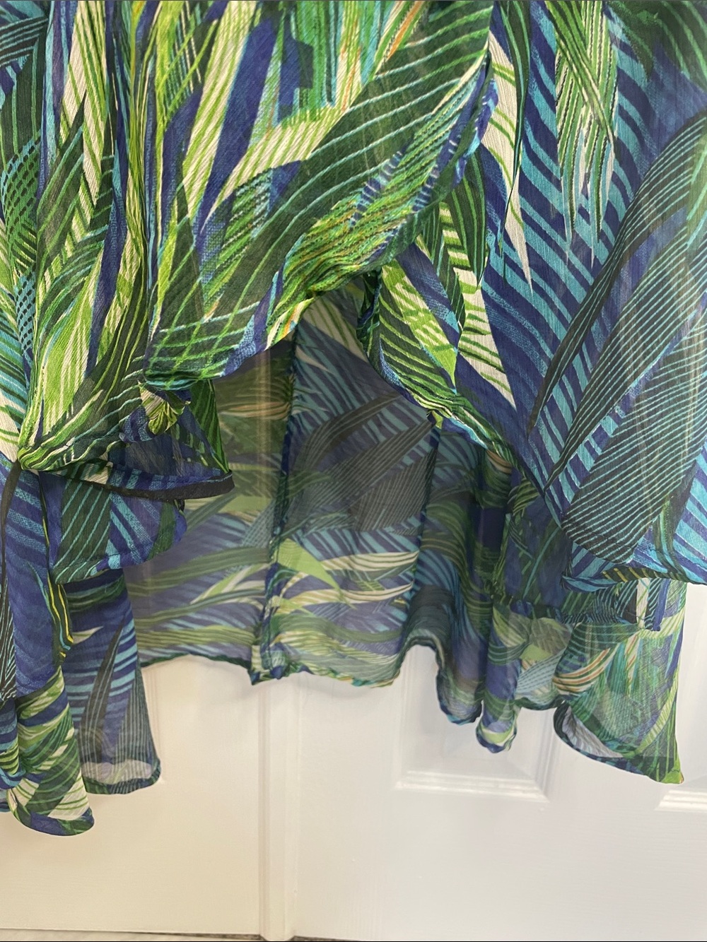 UNE AME BLUE GREEN LEAF TROPICAL PRINT FAUX WRAP HI-LOW MAXI DRESS SZ XL - Picture 7 of 13